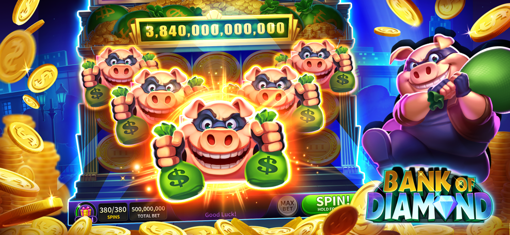 House of Slots - Casino Games - Bank of Diamond slot machine screen in House of Slots featuring cartoon pig burglars and a massive jackpot reward