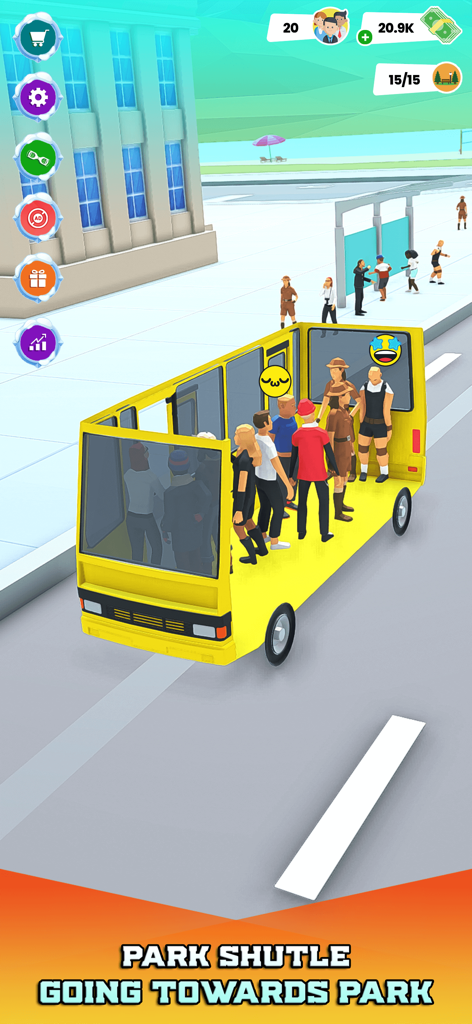 Bus Arrival Theme Park Games - A yellow shuttle bus picking up passengers at a bus stop in a 3D simulation game.