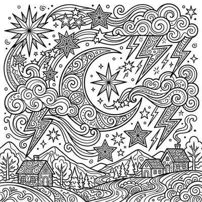 Embark on a mindful coloring journey with this intricately detailed night sky scene. Featuring a majestic moon, sparkling stars, and dramatic weather elements, it promises hours of creative relaxation for adults.