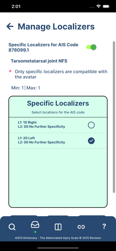 AIS Digital Dictionary - Interface for specifying injury location such as left or right for a medical AIS code