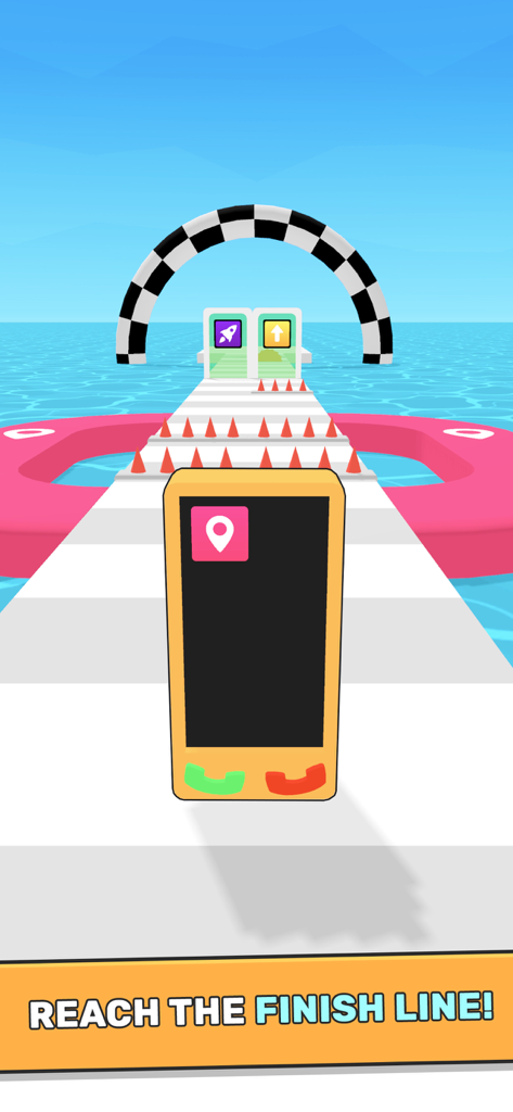 Mobile Run - Smartphone character on a running track heading towards the finish line in the Mobile Run game