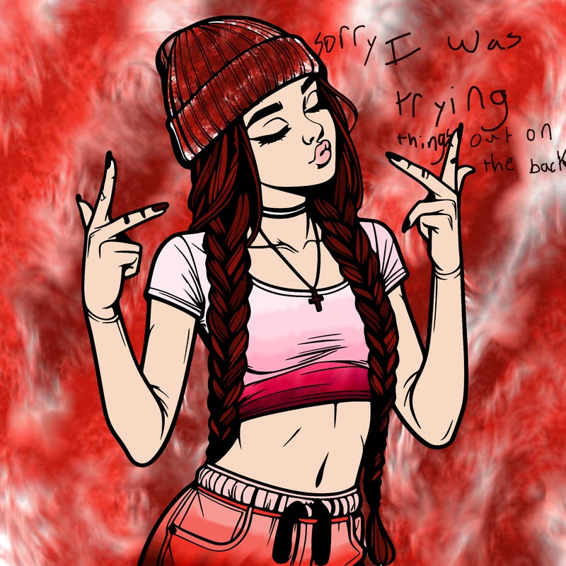 realistic teenage girl with braids and a beanie and crop top doing 🫶🏼