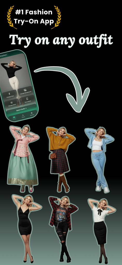 Fitting Room: Virtual Try On - A promotional image for the Fitting Room app showing multiple AI generated virtual outfits on a model