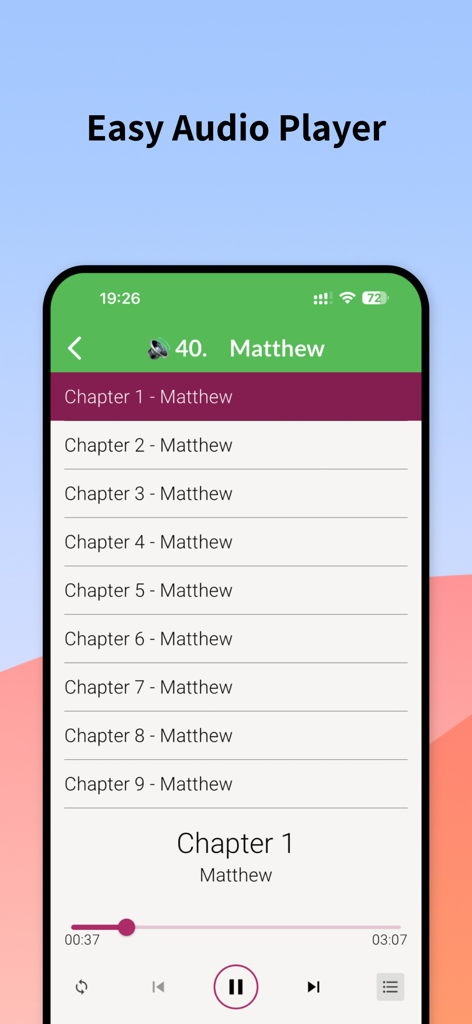 Interfaz de reproductor de audio fácil para el libro de Mateo de la Nueva Versión King James
