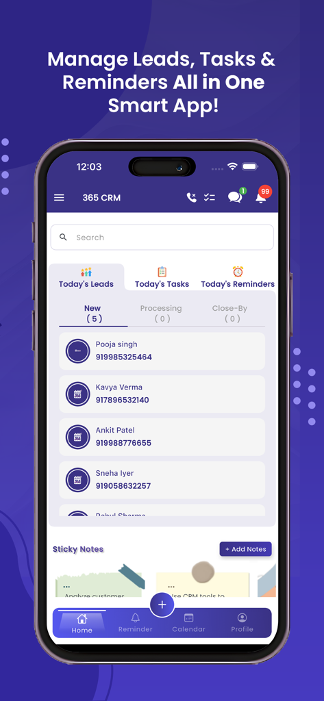 365 CRM - 365 CRM mobile app interface showing Today Leads list and business task management dashboard