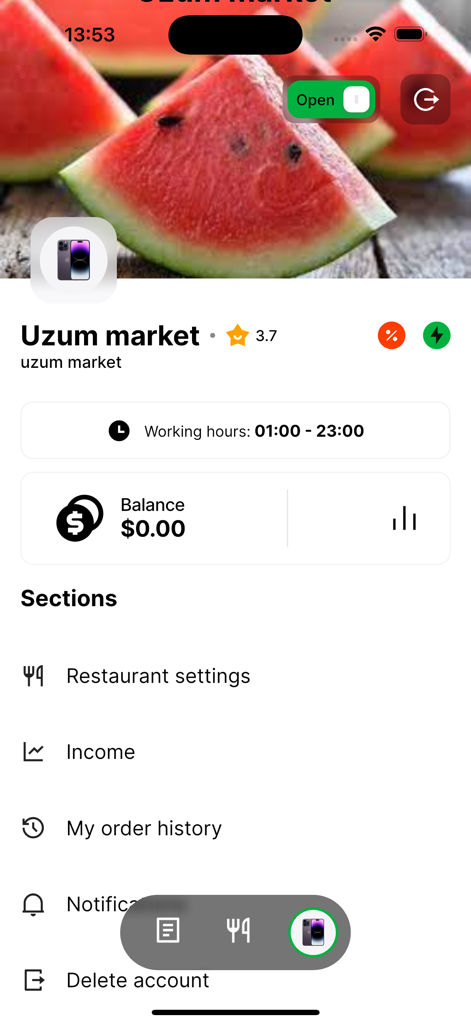 GO Partner: Vendor App - GO Partner Vendor App dashboard interface showing Uzum market account summary and business management settings