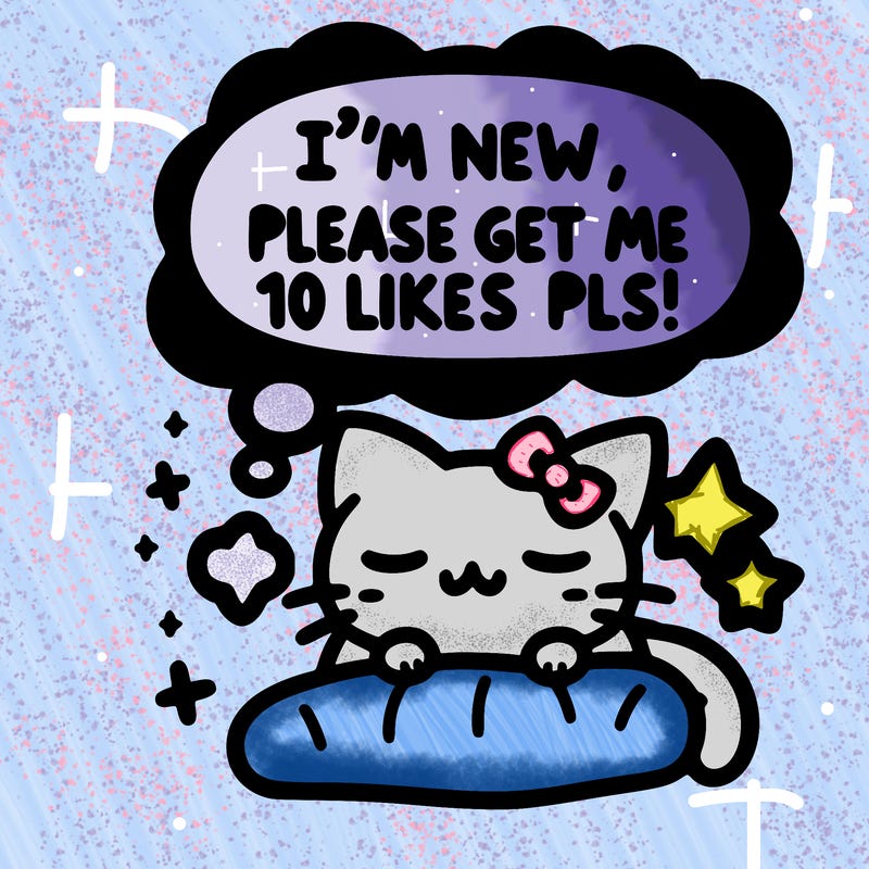 kitty taking a nap dream talking and saying "i'm new, please get me at least 10 likes pls!!"