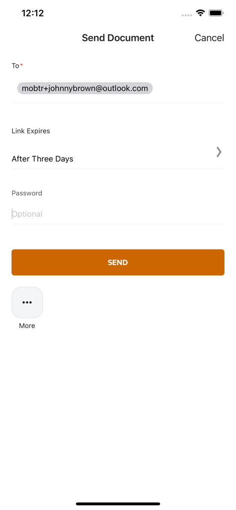 Onvio Client Center - Schermata dell'app Onvio Client Center per l'invio di un documento con opzioni per la scadenza del link e la protezione tramite password.