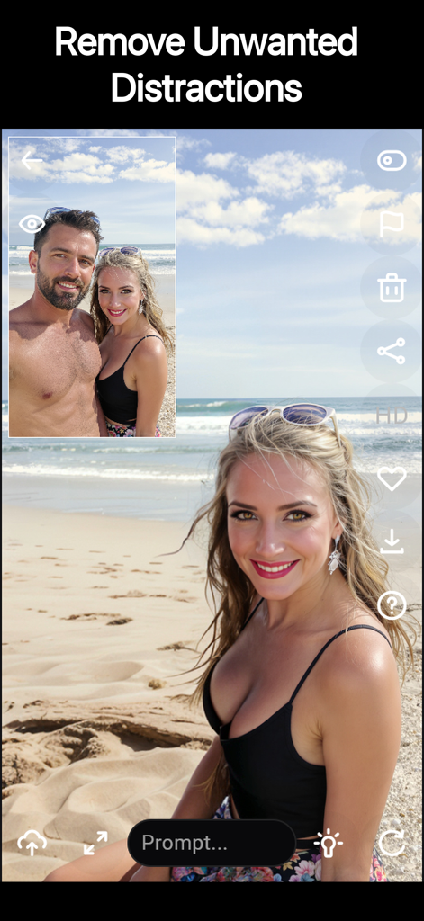 Riff - Fast AI Photo Edits - Before and after comparison of using AI to remove a person from a beach photo