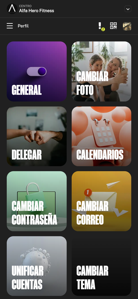 Alfa Hero - Alfa Hero app profile screen showing account settings like change photo, password, and calendars