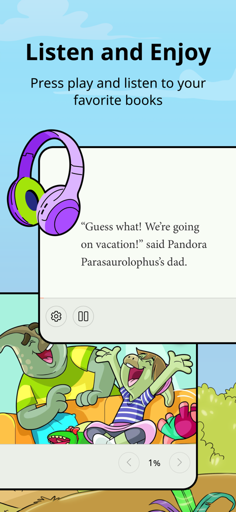 Booktime - Booktime app interface showing the Listen and Enjoy feature for children's audiobooks with colorful illustrations