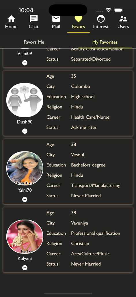Kalyanam - Tamil Matrimony - A list of favorite profiles in the Kalyanam Tamil Matrimony app showing details like age, religion, and career.
