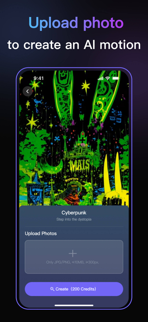 Interface of Dreamlux app showing an upload option to create AI motion from photos in a cyberpunk art style