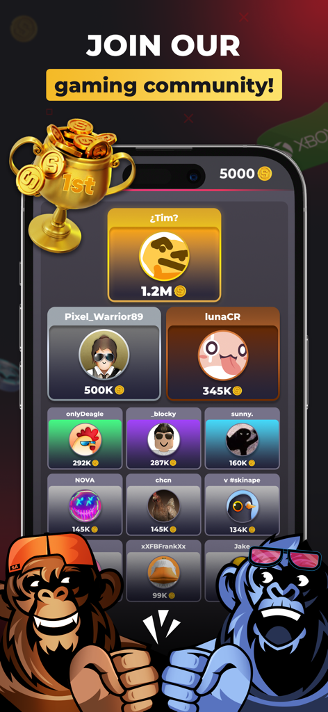 La tabla de clasificación de la aplicación SkinApe que muestra a los mejores jugadores y sus puntos de recompensa