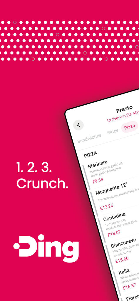 Ding app interface showing a kosher pizza menu from Presto.
