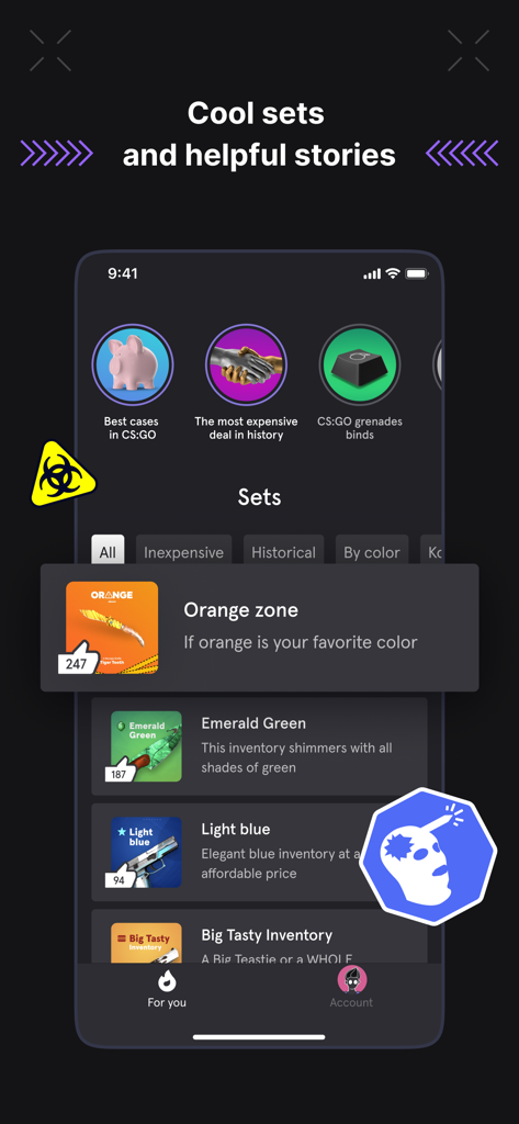 CS.MONEY - Uma interface de aplicativo móvel do CS.MONEY exibindo conjuntos de skins com temas de cores e histórias de notícias de jogos.