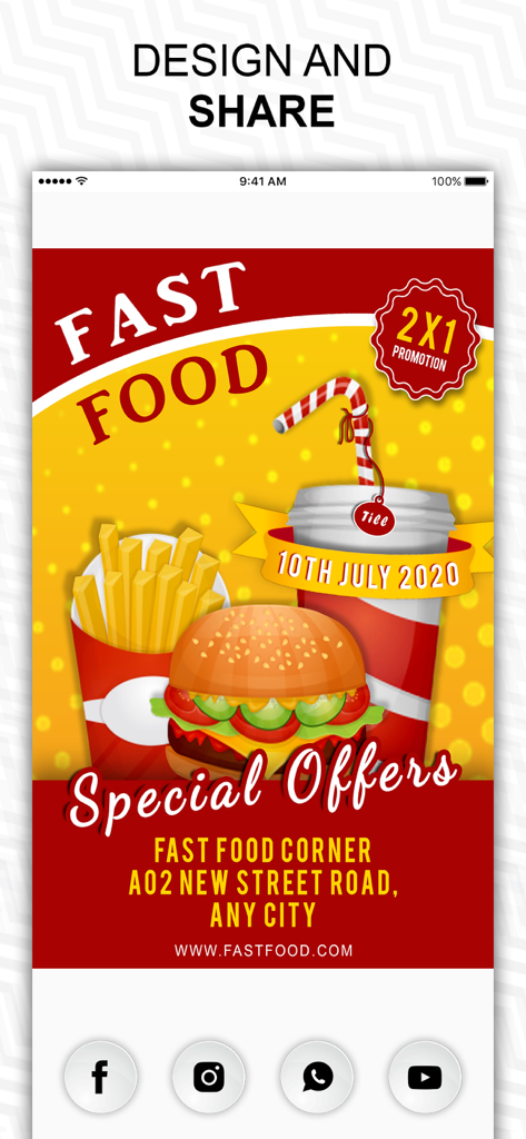 Fab Poster Maker Flyer Designs - Un folleto profesional de comida rápida con una hamburguesa y patatas fritas para compartir en redes sociales