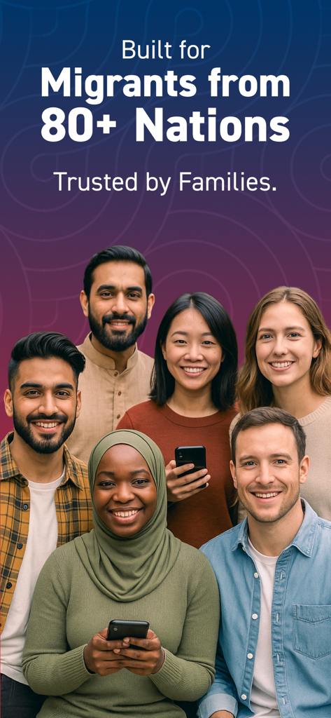 Hello Paisa - A diverse group of smiling people representing global migrants with the text Built for Migrants from 80 plus Nations Trusted by Families
