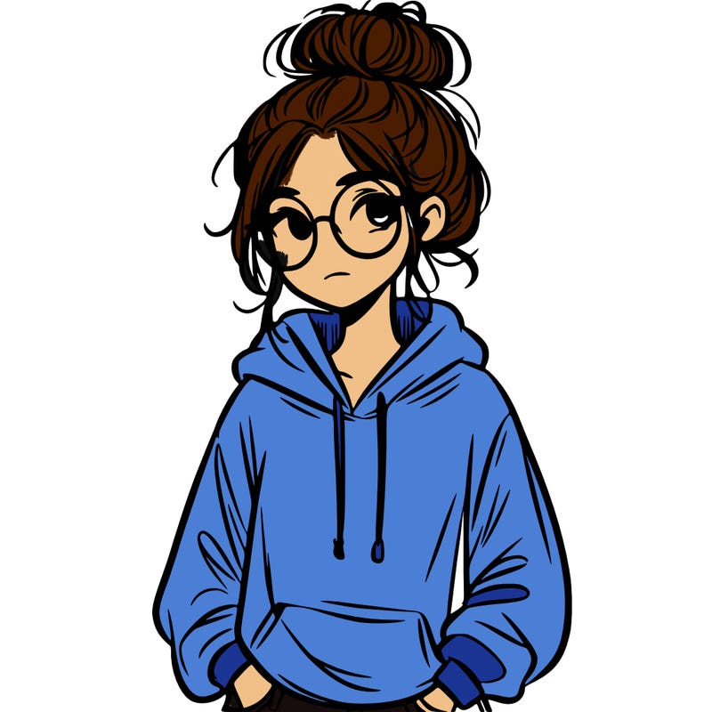 teen girl with a messy bun and glasses wearing a loose hoodie and jeans