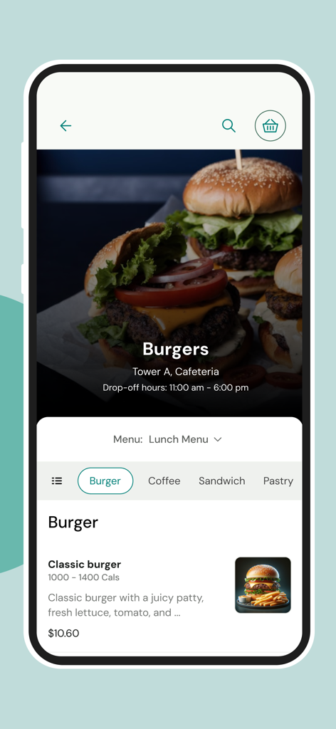 Boost: Mobile Food Ordering - Interfaz de la aplicación móvil Boost que muestra un menú de hamburguesas para una cafetería del campus con precios y categorías de alimentos
