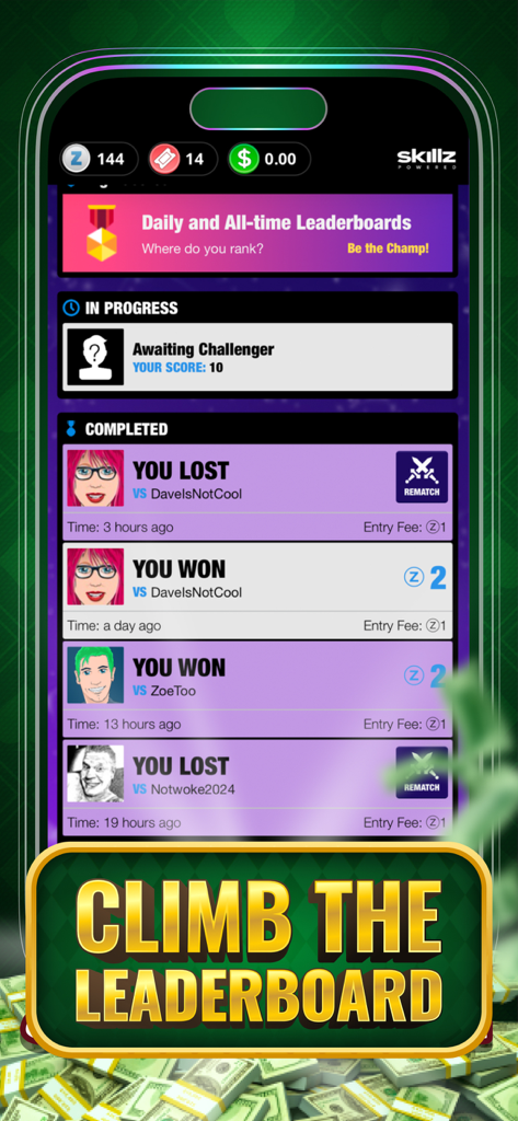 Cashout Solitaire - Win Money - Match history and leaderboard screen in Cashout Solitaire showing wins and losses against other players.