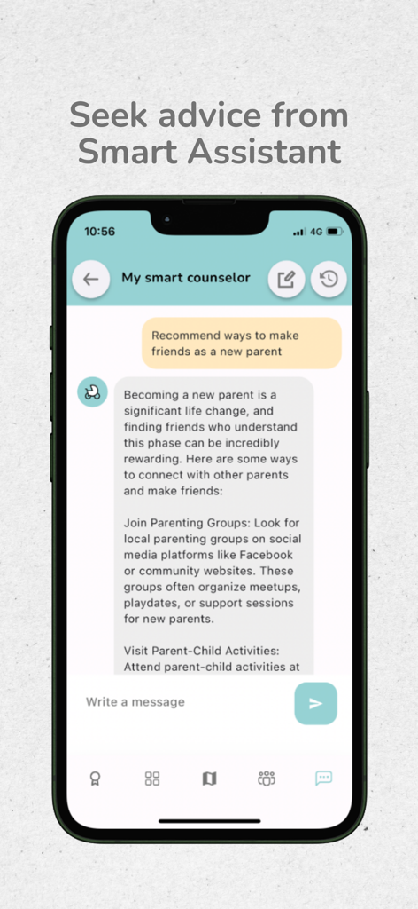 Willuwalk - Interfaz del asistente inteligente de la aplicación Willuwalk que muestra un chat con consejos de crianza.