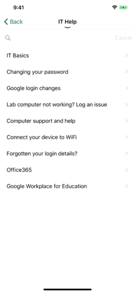 ToiOhomaiHub - ToiOhomaiHub app IT support menu showing help categories.
