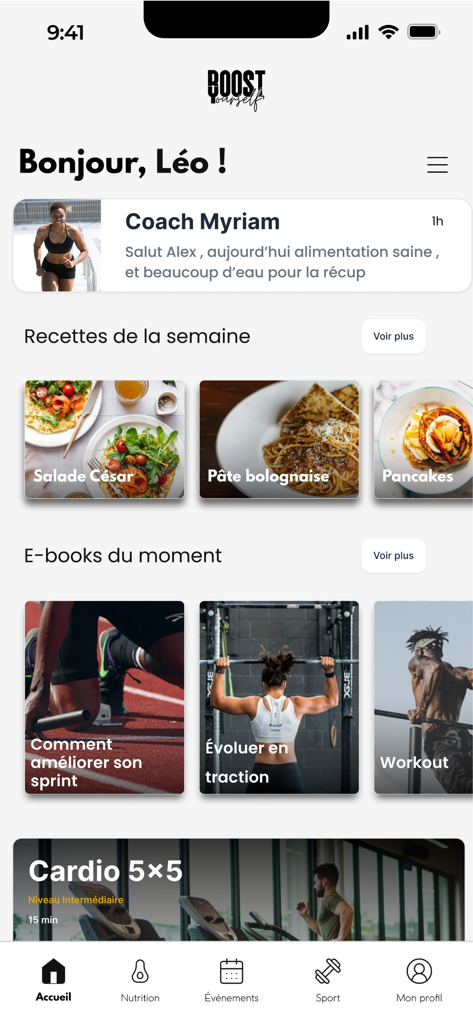 Boost-yourself - Panel de la aplicación de fitness Boost-yourself que muestra recetas saludables y programas de entrenamiento.