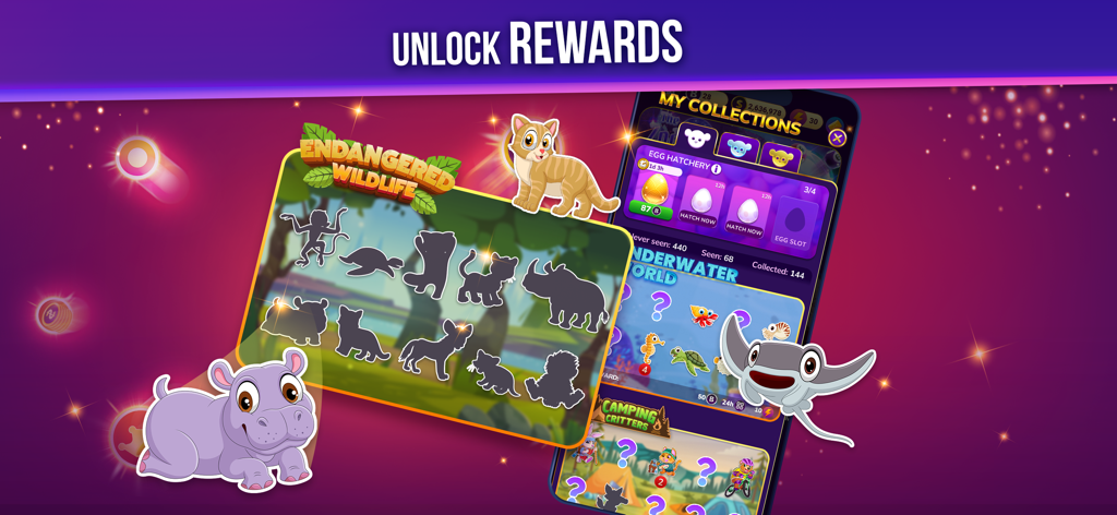 Live Play Bingo: Real Hosts! - A game screen for Live Play Bingo showing animal-themed collectible rewards and an egg hatchery feature.