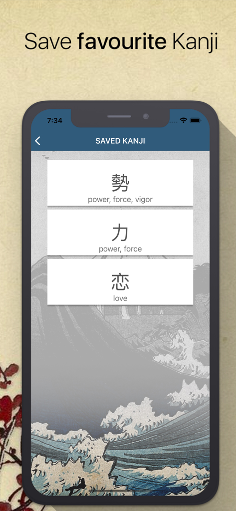 Screenshot der Kanji Finder App mit einer Liste gespeicherter japanischer Zeichen mit englischen Übersetzungen