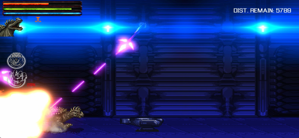 Godzilla: Omniverse - Battaglia kaiju in pixel art 2D in Godzilla Omniverse che mostra un attacco laser di energia blu