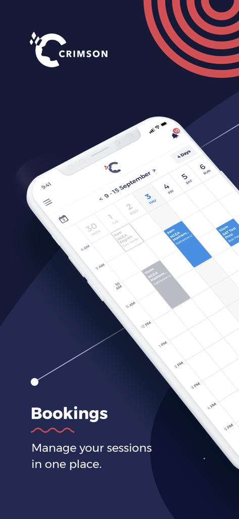 Crimson - Crimson Education app interface showing a weekly schedule for university admissions consulting and SAT prep sessions