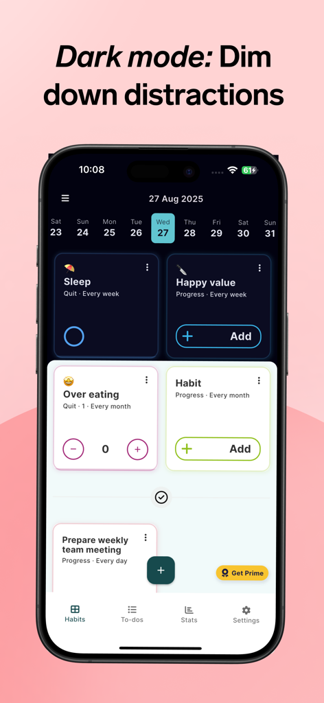 Focus ADHD organizer app interface showing a minimalist habit tracker dashboard in dark mode