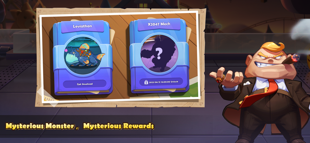 Legend of Arcadia - Legend of Arcadia game interface showing monster collection cards and a boss character with rewards text