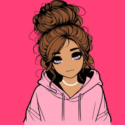 realistic girl with a massy bun and a hoodie