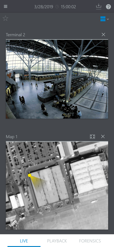 Bosch Video Security - Interfaccia dell'app Bosch Video Security che mostra un feed live della telecamera di un terminal e la sua posizione su una mappa geografica.