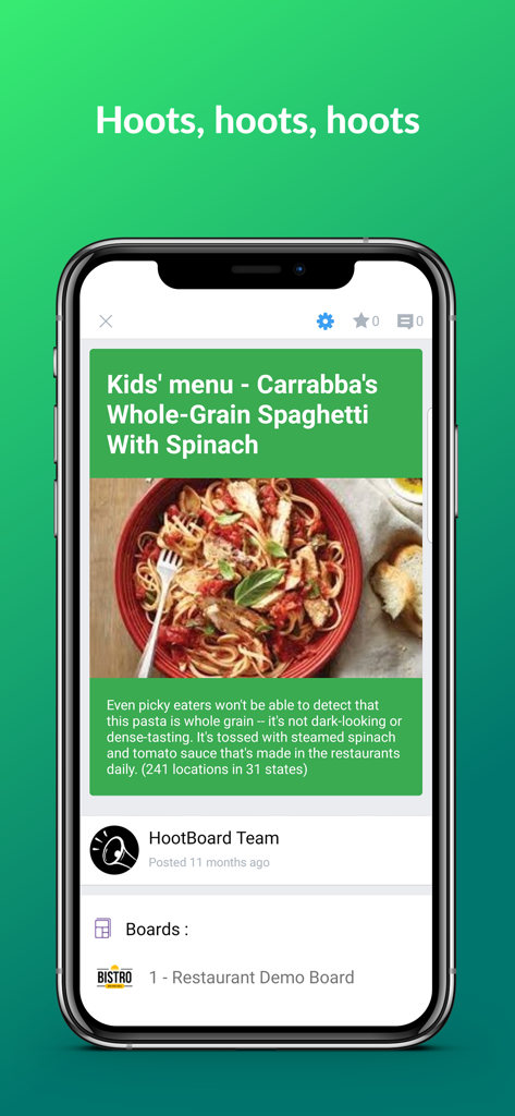 HootBoard - レストランのメニューに関するコミュニティのお知らせが表示されたHootBoardアプリのスマートフォン画面。 「 alt="HootBoardアプリでレストランのメニューに関するコミュニティのお知らせが表示されたスマートフォン画面。」