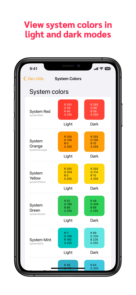 A screen from the Dev Utils app displaying a reference table of iOS system colors with RGB values for both light and dark modes