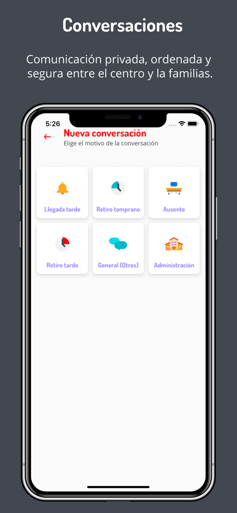 Schermata dell'app Cuaderno Rojo che mostra le opzioni per i genitori per avviare una nuova conversazione con gli amministratori scolastici riguardo a presenze e ritiro.