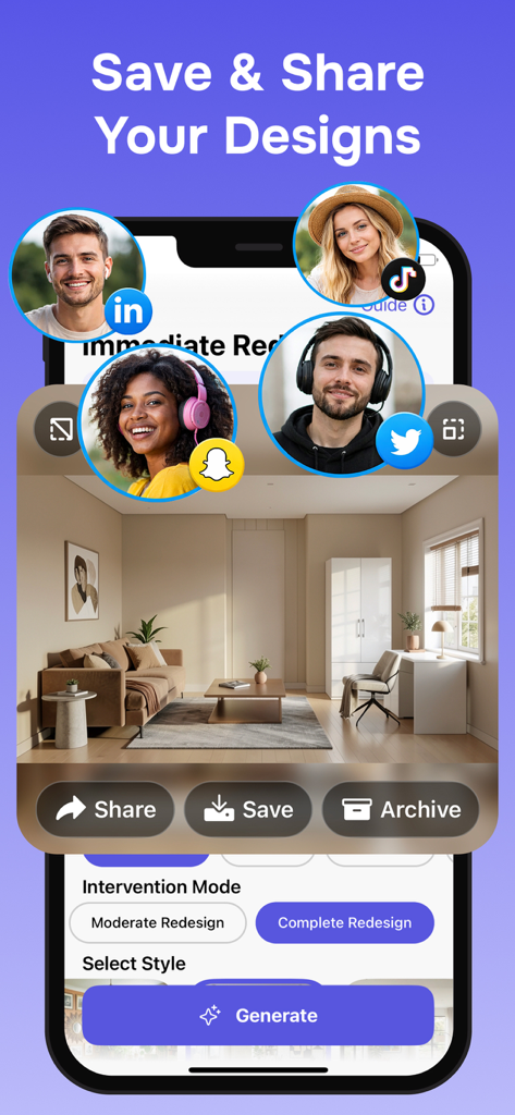 AI Room Design : Home Planner - Pantalla de la aplicación móvil que muestra opciones para guardar y compartir proyectos de diseño de interiores en plataformas de redes sociales como TikTok y Snapchat.