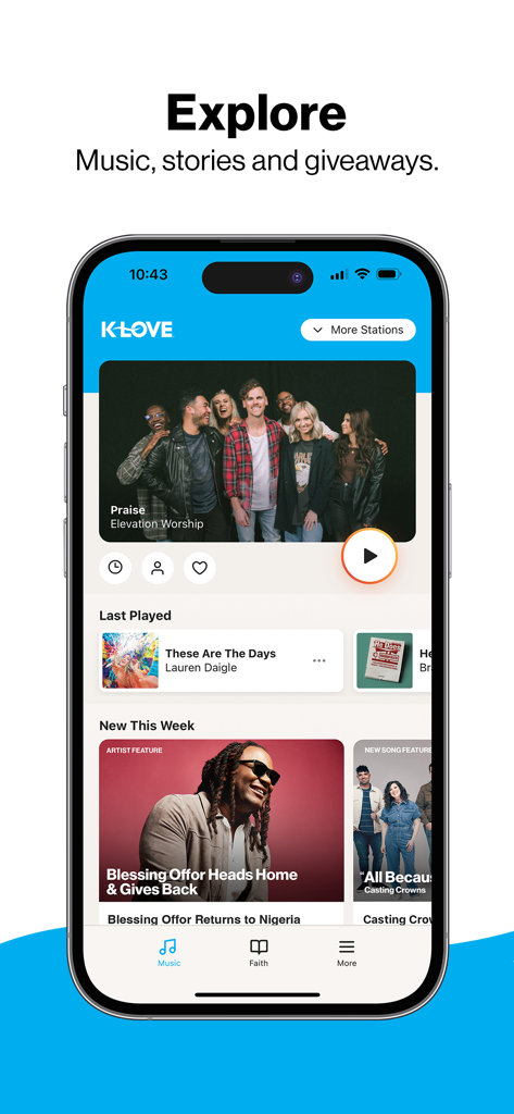 K-LOVE - Schermata principale dell'app K-LOVE che mostra storie di musica cristiana e caratteristiche degli artisti