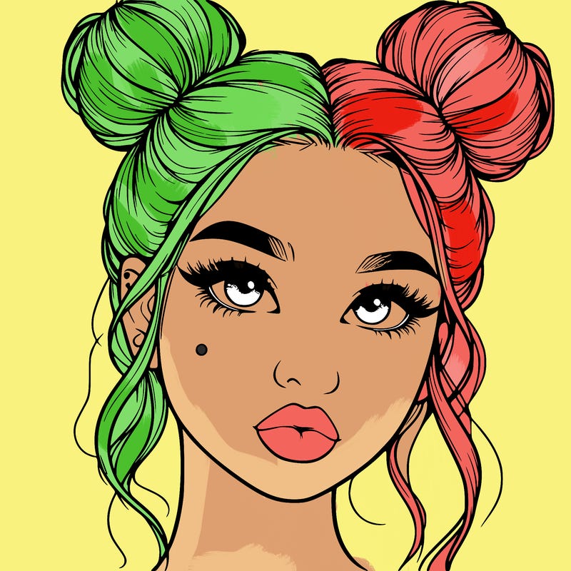 realistic girl with two buns on her hair and lips