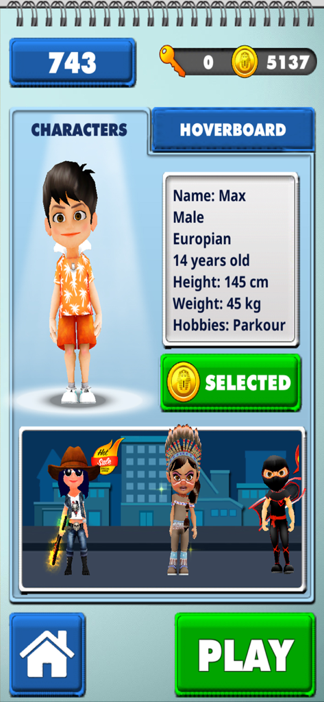 Street Runner – Endless Runner - Character selection screen in the Street Runner app showing profile stats for the avatar Max.