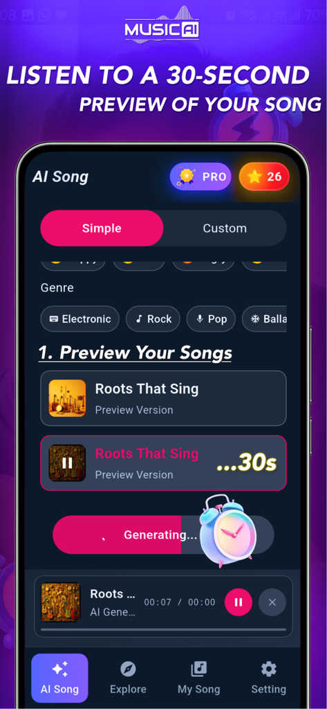 3B Music AI Song Generator - Mobile app interface of 3B Music AI showing 30-second song preview list and genre selection options.