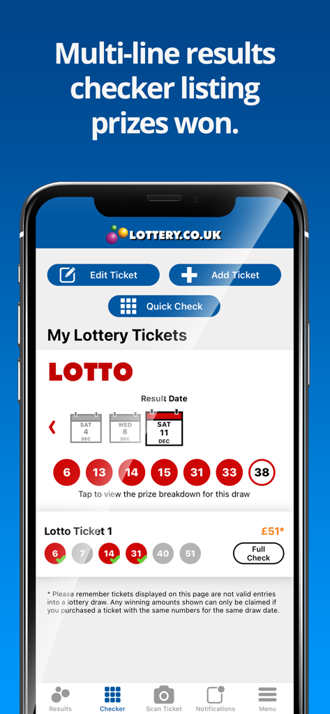 National Lottery Results - La aplicación National Lottery Results ticket checker mostrando los resultados y el desglose de premios de UK Lotto.