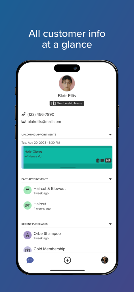 Connect: Business Messenger - Client profile screen in Connect Business Messenger showing contact information and appointment history