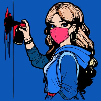realistic girl with mask spray painting a wall