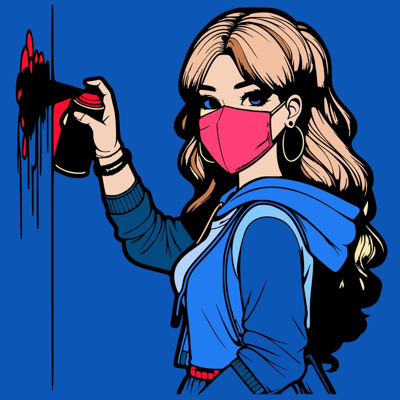 realistic girl with mask spray painting a wall