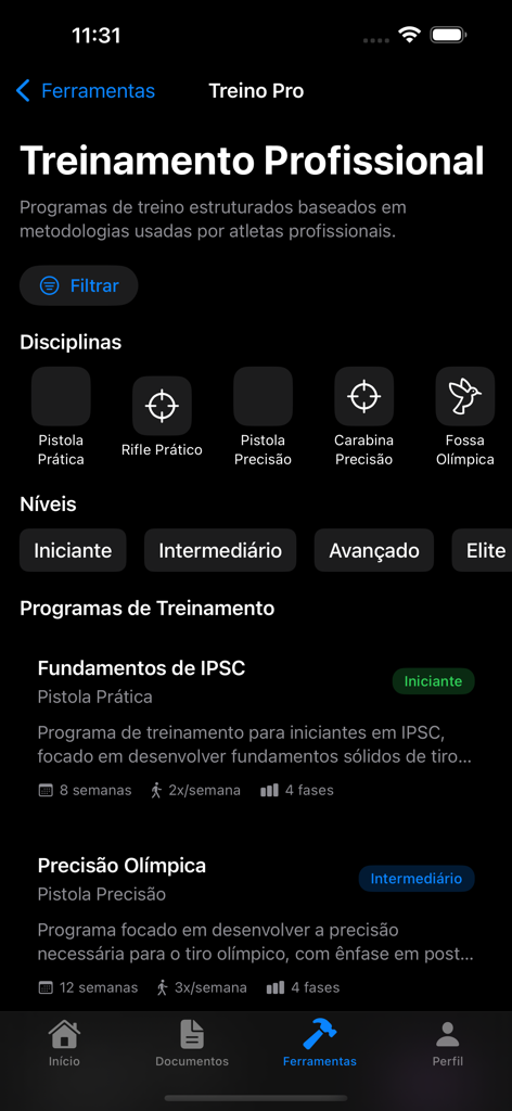 CAC Proアプリのインターフェイス、さまざまなスキルレベルと分野向けのプロの射撃トレーニングプログラムを表示