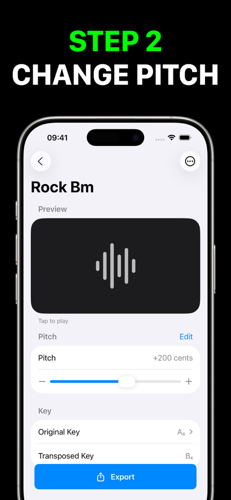 Interface for changing pitch in cents and viewing transposed musical keys